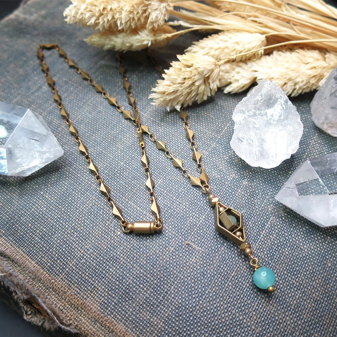 VIIART。精灵 - 水。天河石黄铜项链 | 复古几何星星造型长链 - 长链 - 铜/黄铜 蓝色