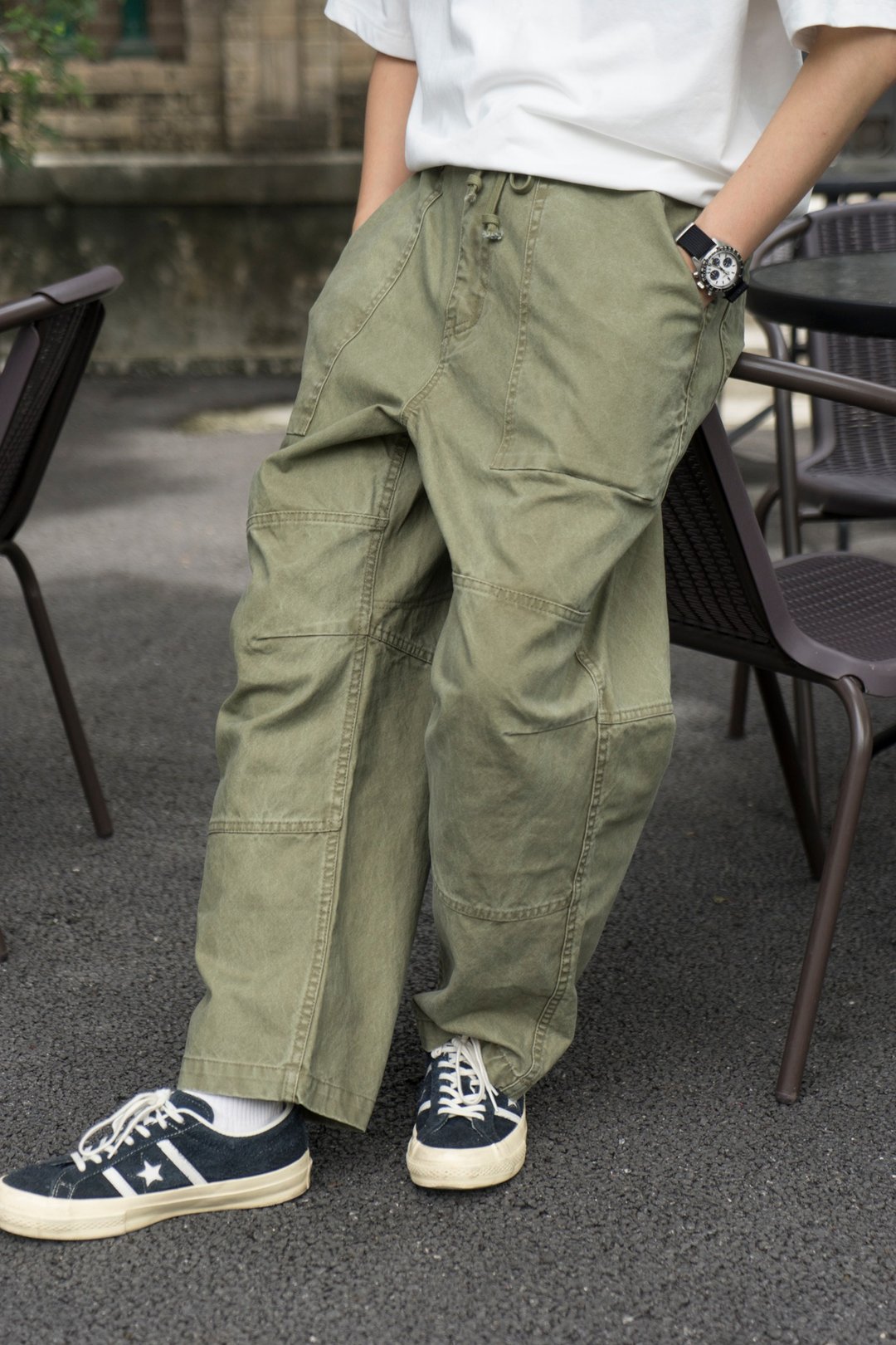 Pants Vintage復古洗水工裝休閒褲 日系秋冬重磅純色造舊口袋軍褲 - 男士长裤 - 棉 绿色