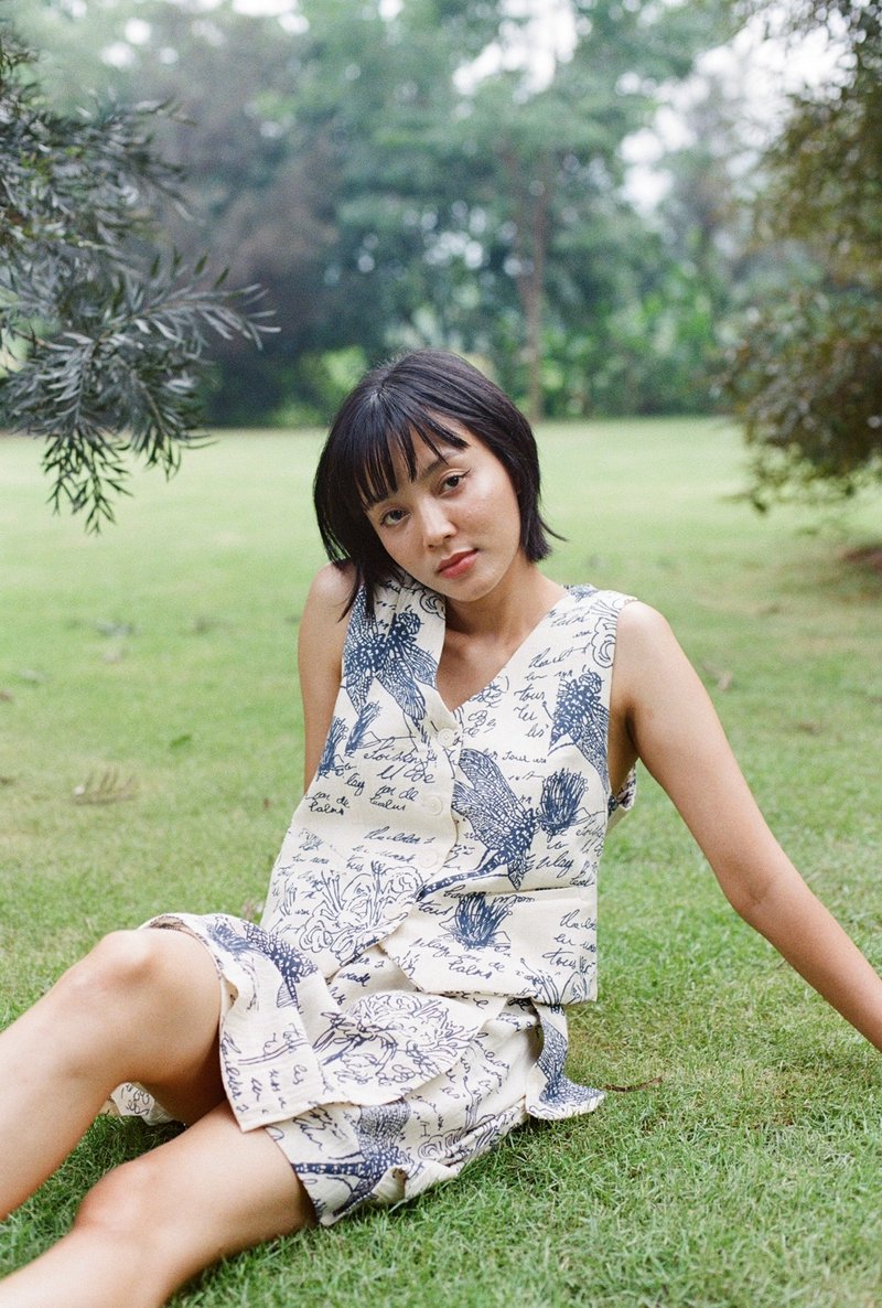 Mulmul 订制款蜻蜓图案背心 - 女装背心 - 棉．麻 蓝色