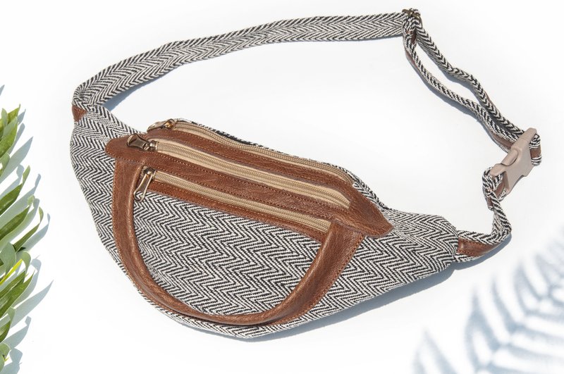 皮革胸包棉麻腰包 随身腰包 手织布皮革胸包 斜背包 帆布-时尚黑 - 侧背包/斜挎包 - 真皮 黑色