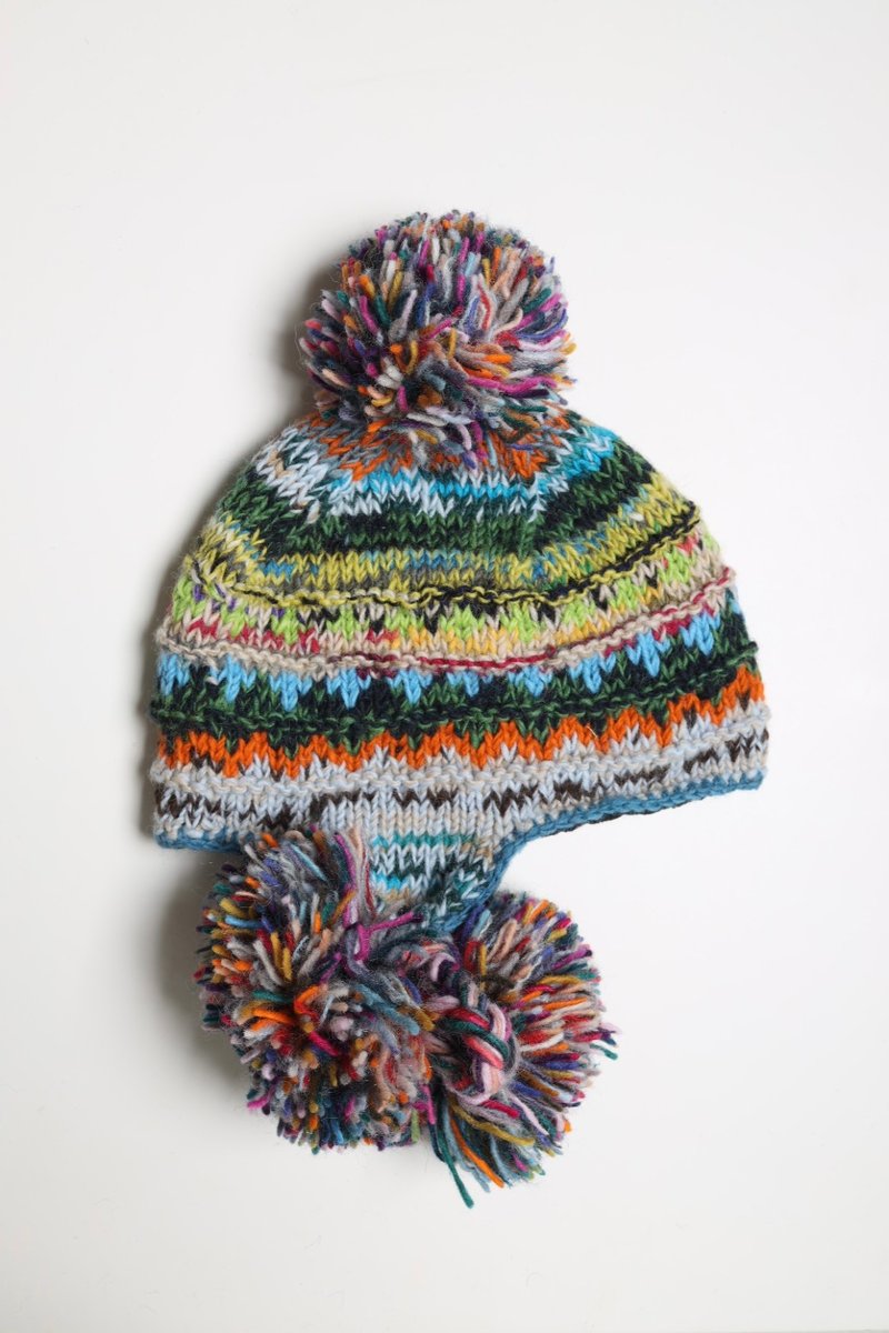 灰白绿杂线辫子毛球帽纯羊毛线手工编织全衬防风毛帽子护耳帽保暖 - 帽子 - 羊毛 灰色