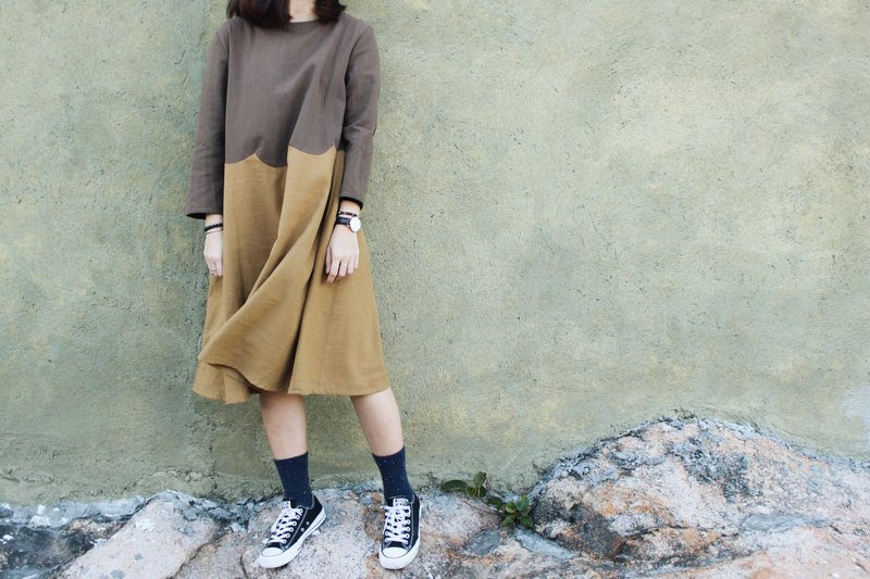 自家制/波浪拼接/连身裙 - 洋装/连衣裙 - 棉．麻 多色