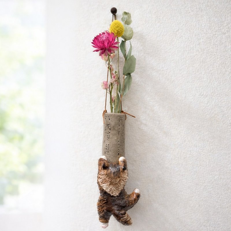 手作长毛虎斑猫壁挂单枝花器 居家布置猫咪摆饰 - 花瓶/陶器 - 树脂 