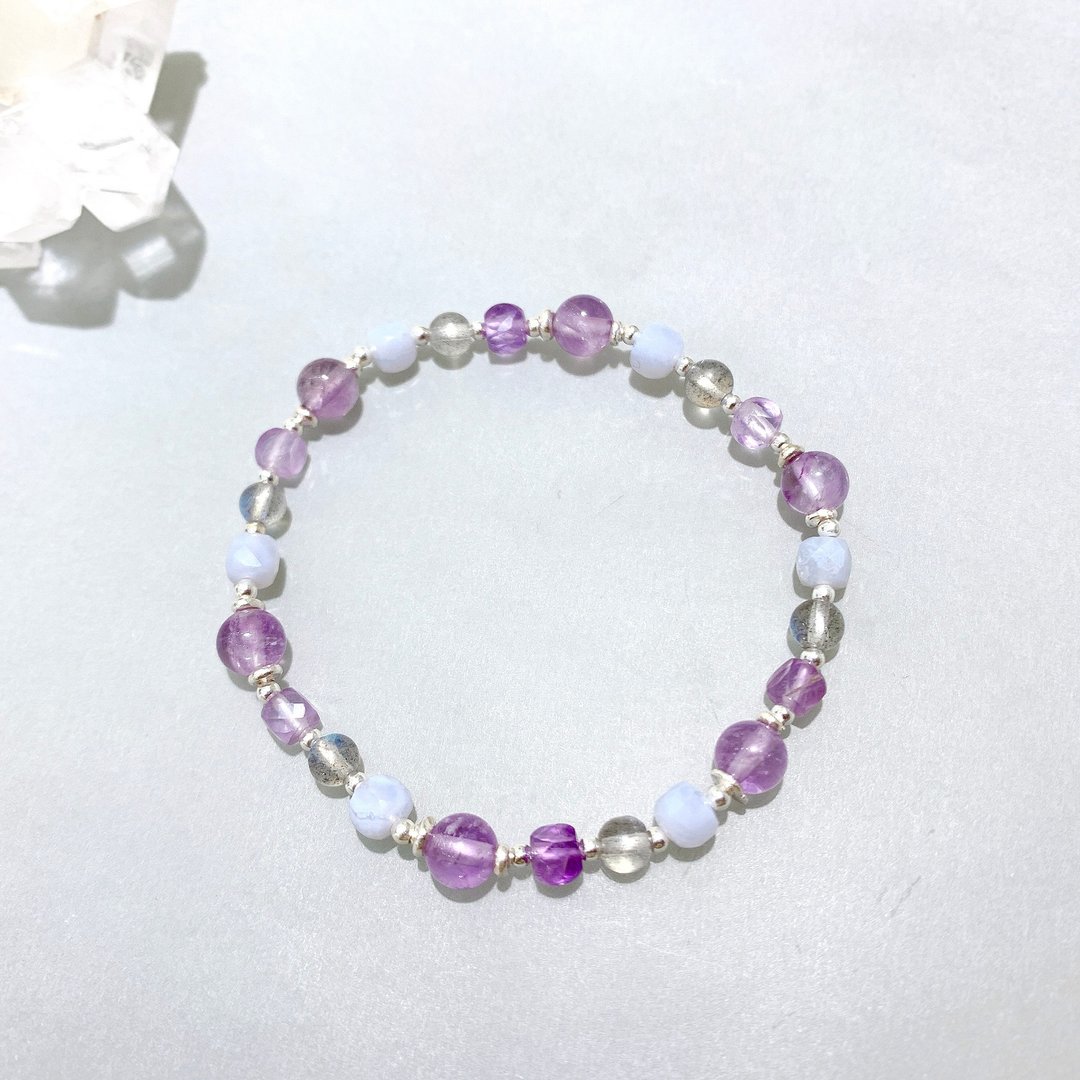 Ops Blue Lace Agate bracelet-蓝纹玛瑙/银/疗愈/紫水晶/拉长石 - 手链/手环 - 宝石 多色