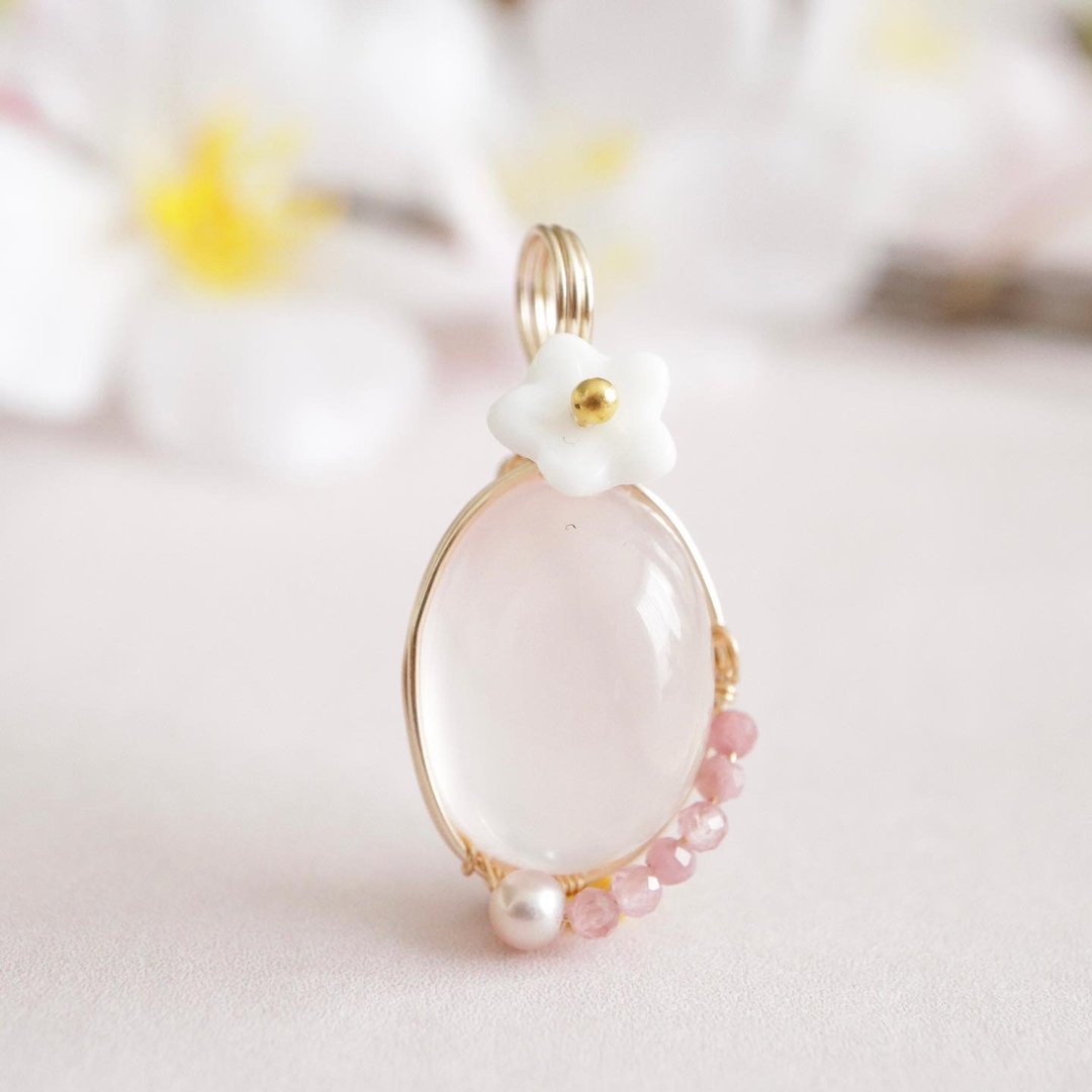 Sakura Full Bloom Star Rose Quartz Cherry Blossom Color Pendant Top Wire Wrapping - 项链 - 半宝石 粉红色