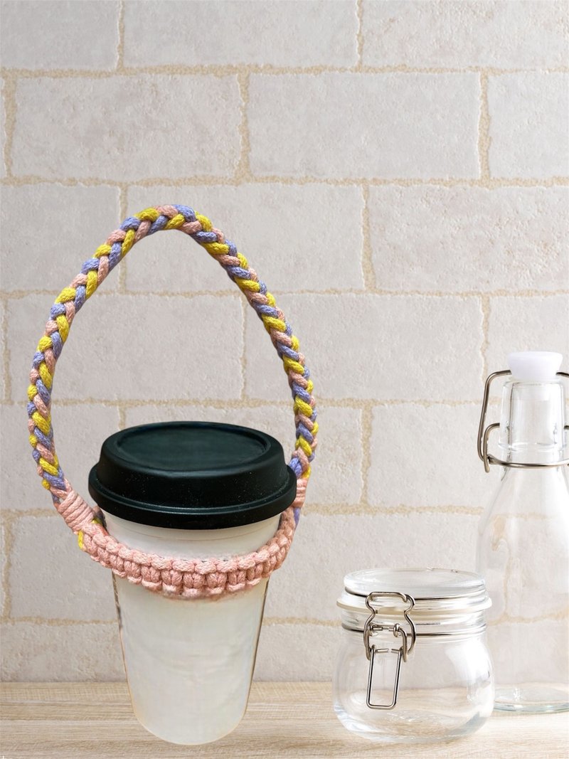 环保饮料提袋/饮料杯套/手工编织 - 随行杯提袋/水壶袋 - 其他材质 粉红色