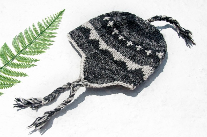 针织纯羊毛帽/手工内刷毛毛帽/针织毛帽/飞行毛帽/毛线帽-黑白系 - 帽子 - 羊毛 黑色