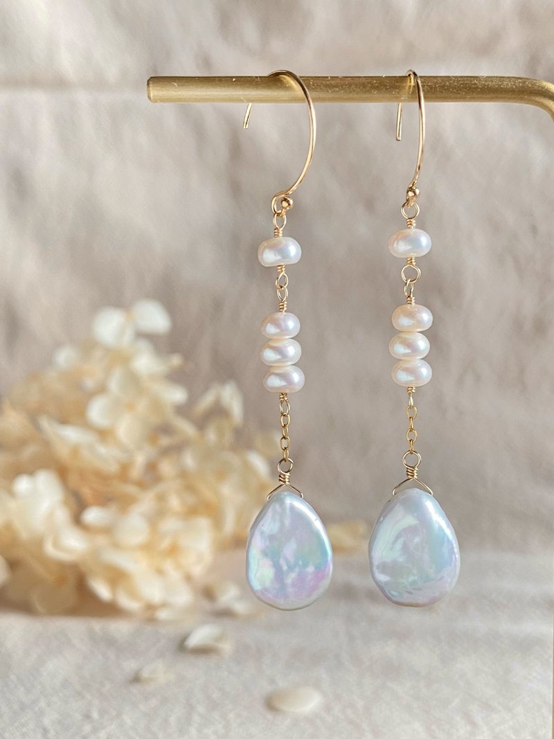 巴洛克炫彩 水滴淡水珍珠 无核盘形珍珠 || 14KGF注金 耳环 - 耳环/耳夹 - 珍珠 白色