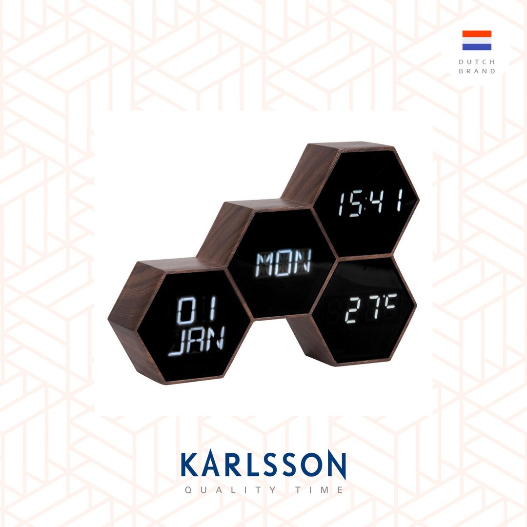 荷兰Karlsson,LED Alarm clock Six in the Mix wood painted - 时钟/闹钟 - 橡胶 咖啡色