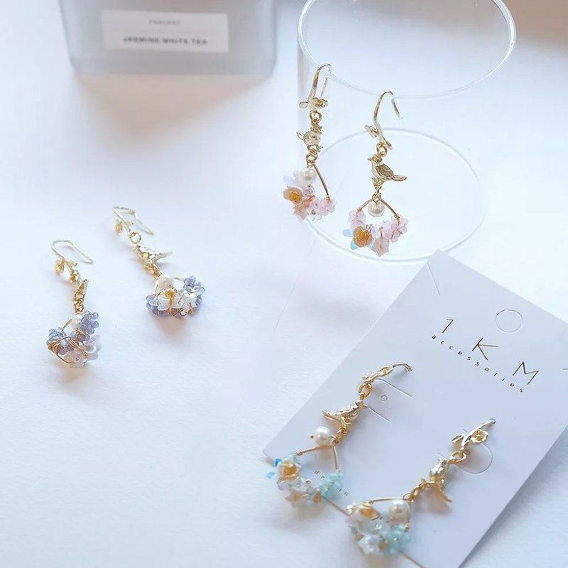 1KM日光余韵•天然石绿荫花鸟耳勾-3色 - 耳环/耳夹 - 半宝石 