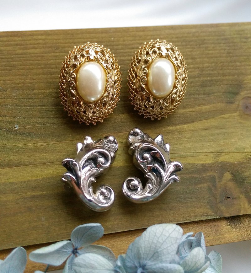 【换季特卖】卷叶与古典珠夹式耳环 2对一组。西洋古董饰品 - 耳环/耳夹 - 其他金属 白色
