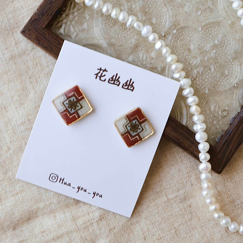 手绘花砖耳环 老奶奶家的花砖 手工饰品 耳针 耳夹 - 耳环/耳夹 - 树脂 红色