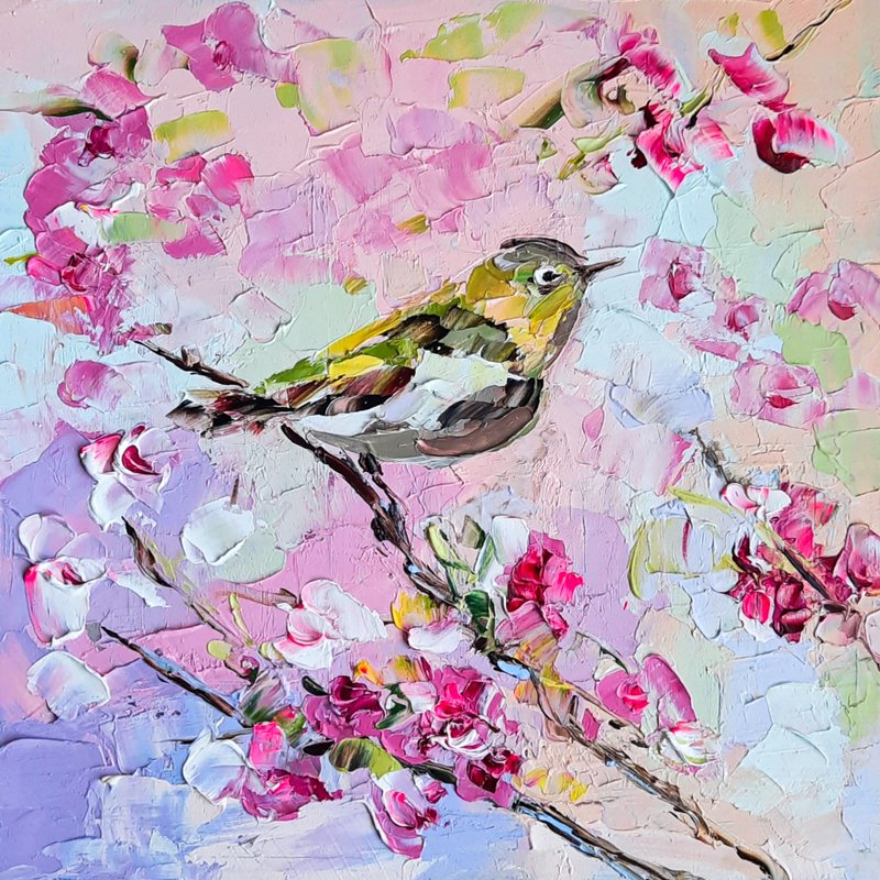 Japanese White - Eye Bird Oil Painting Cherry Blossom Original Art Sakura Art - 墙贴/壁贴 - 木头 粉红色