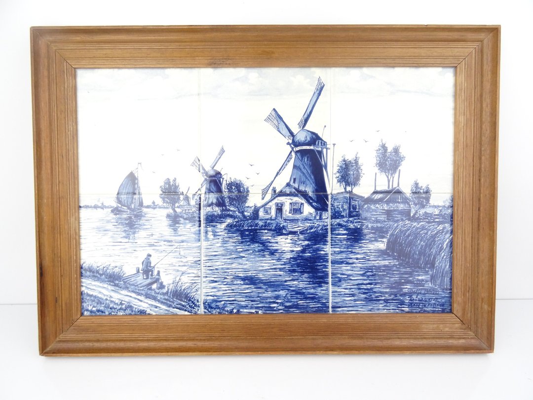 复古荷兰台夫特蓝瓷砖画 – 陶瓷风车小屋，附框 - 墙贴/壁贴 - 陶 多色