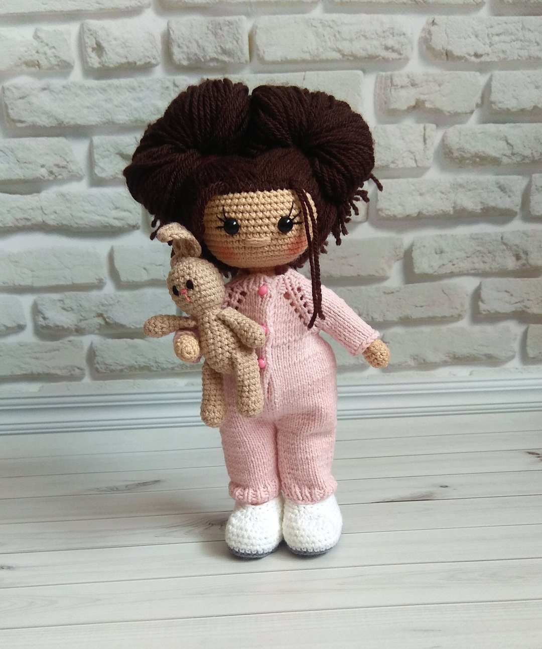 Doll in pink jumpsuit, doll with miniature toy rabbit, interior art doll - 玩具/玩偶 - 棉 粉红色