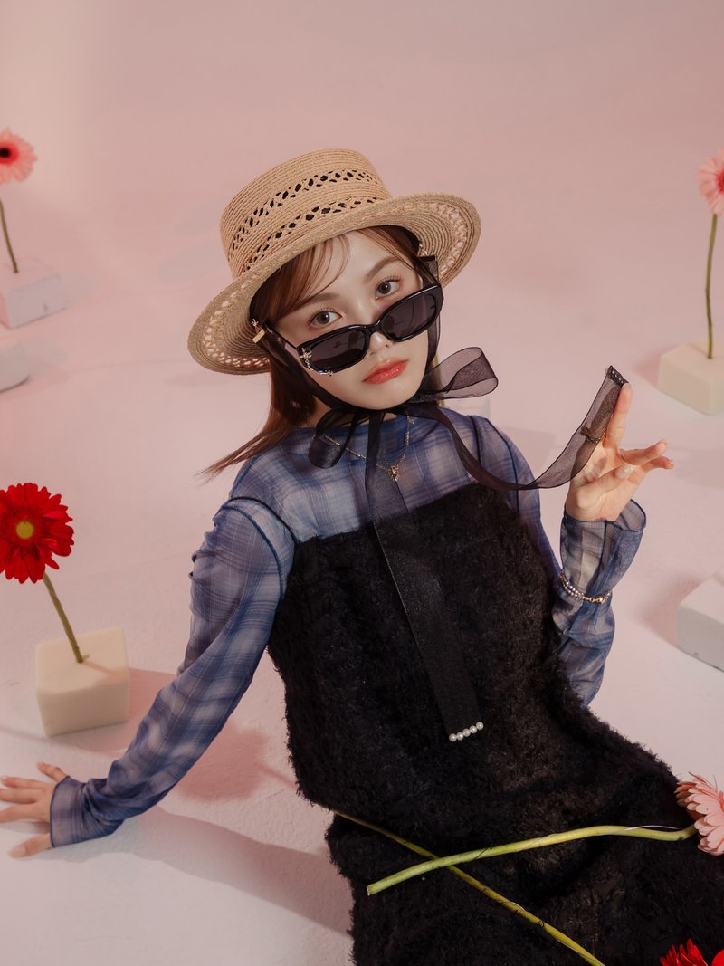红雀斑女子。MUCHAT手作蕾丝珍珠绑带拉菲草平顶草帽 - 帽子 - 聚酯纤维 多色