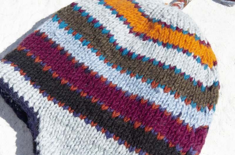 圣诞礼物 交换礼物 创意礼物 限量一件 手工针织纯羊毛帽 / 手工内刷毛毛帽 / 针织毛帽 / 飞行毛帽 / 毛线帽 - 蓝色天空条纹 东欧民族 彩虹 - 帽子 - 羊毛 多色