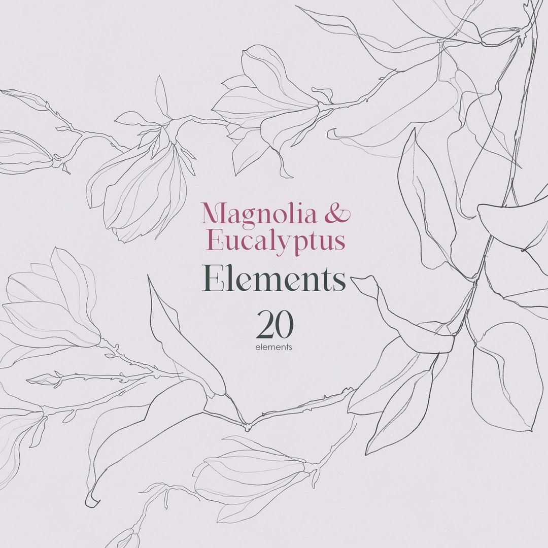 Magnolia & Eucalyptus. Floral elements, botanical clipart - 电子手绘真人画像/绘画/插画 - 其他材质 