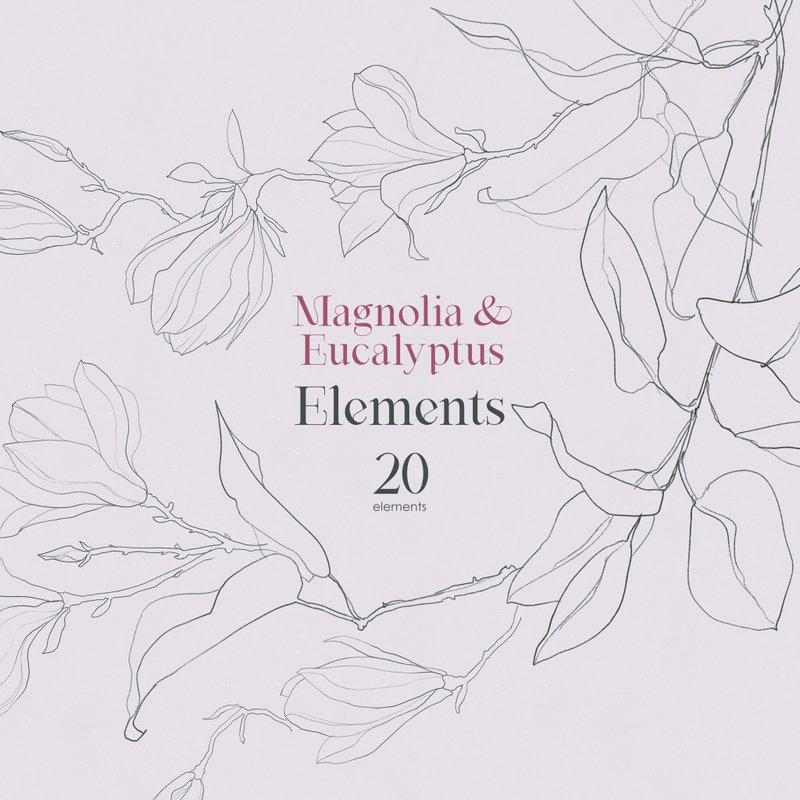 Magnolia & Eucalyptus. Floral elements, botanical clipart - 电子手绘真人画像/绘画/插画 - 其他材质 