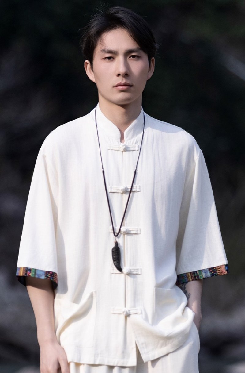 新中式复古 亚麻短袖衬衫 中国风立领唐装 - 男装衬衫 - 其他材质 多色