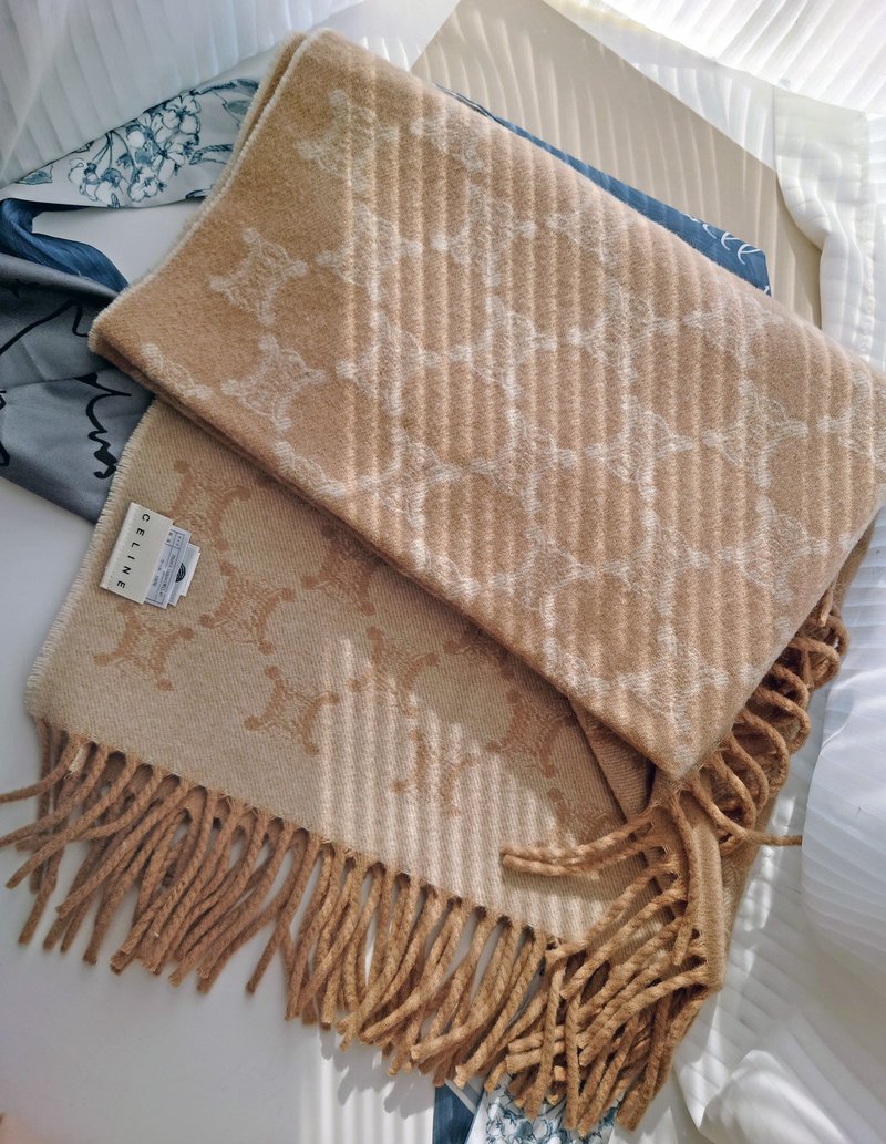 中古孤品 CELINE 老花凯旋门 羊毛 毛毯盖毯颈巾围巾领巾围脖披肩 - 围巾/披肩 - 羊毛 卡其色
