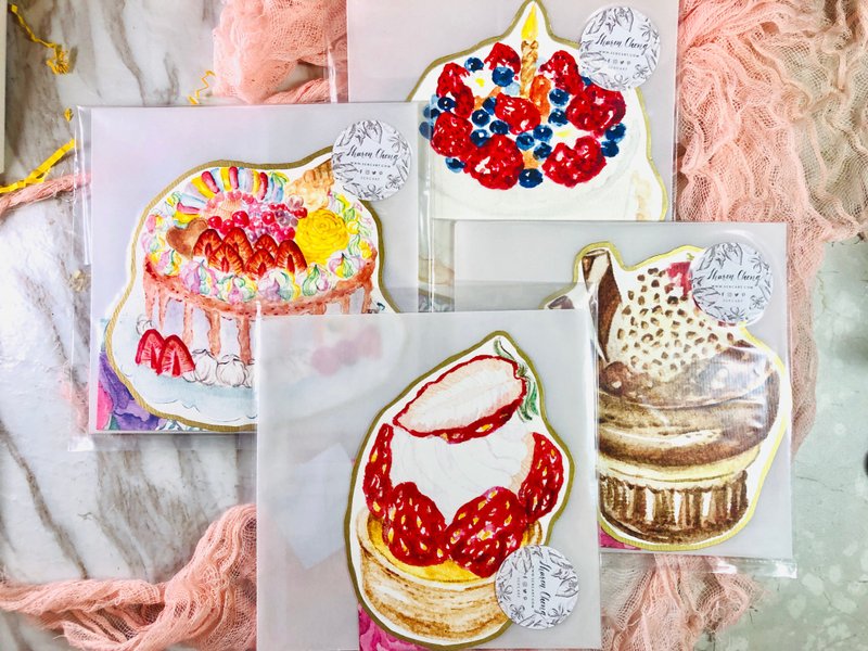 一套4张水彩蛋糕连牛油纸信封 - 卡片/明信片 - 纸 红色