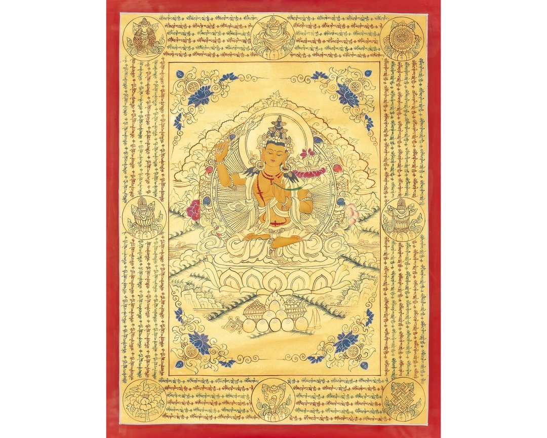 手工文殊菩萨唐卡——神圣智慧与清晰的象征 - 墙贴/壁贴 - 其他材质 多色