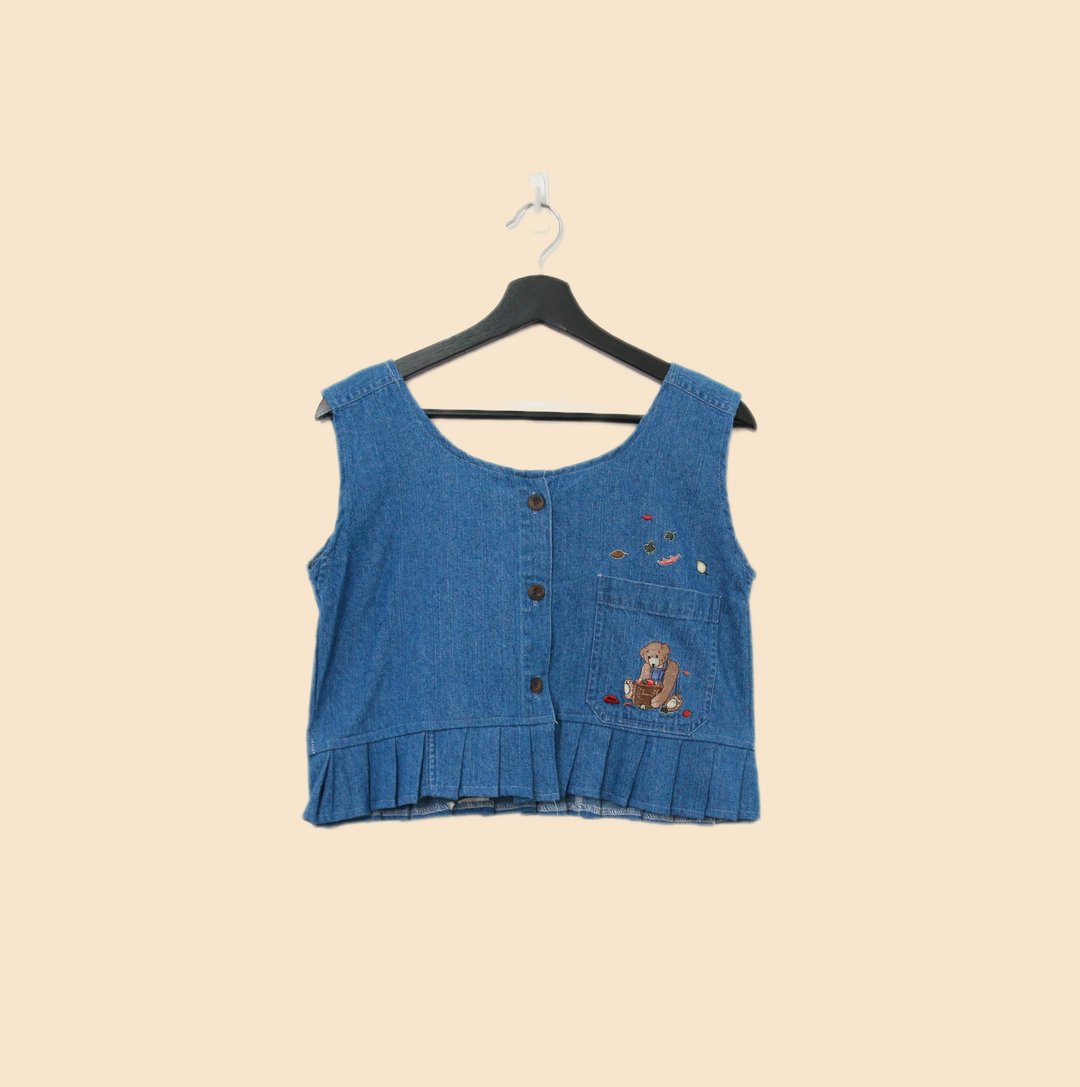Back to Green-丹宁刺绣背心 穿背心的小熊 dv-30//vintage vest - 女装背心 - 棉 
