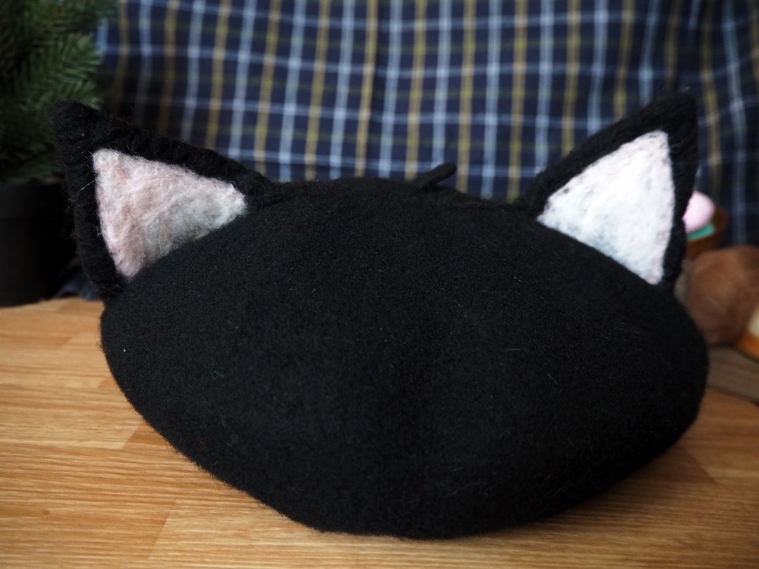 Wool felt  beret - black cat - 帽子 - 羊毛 黑色