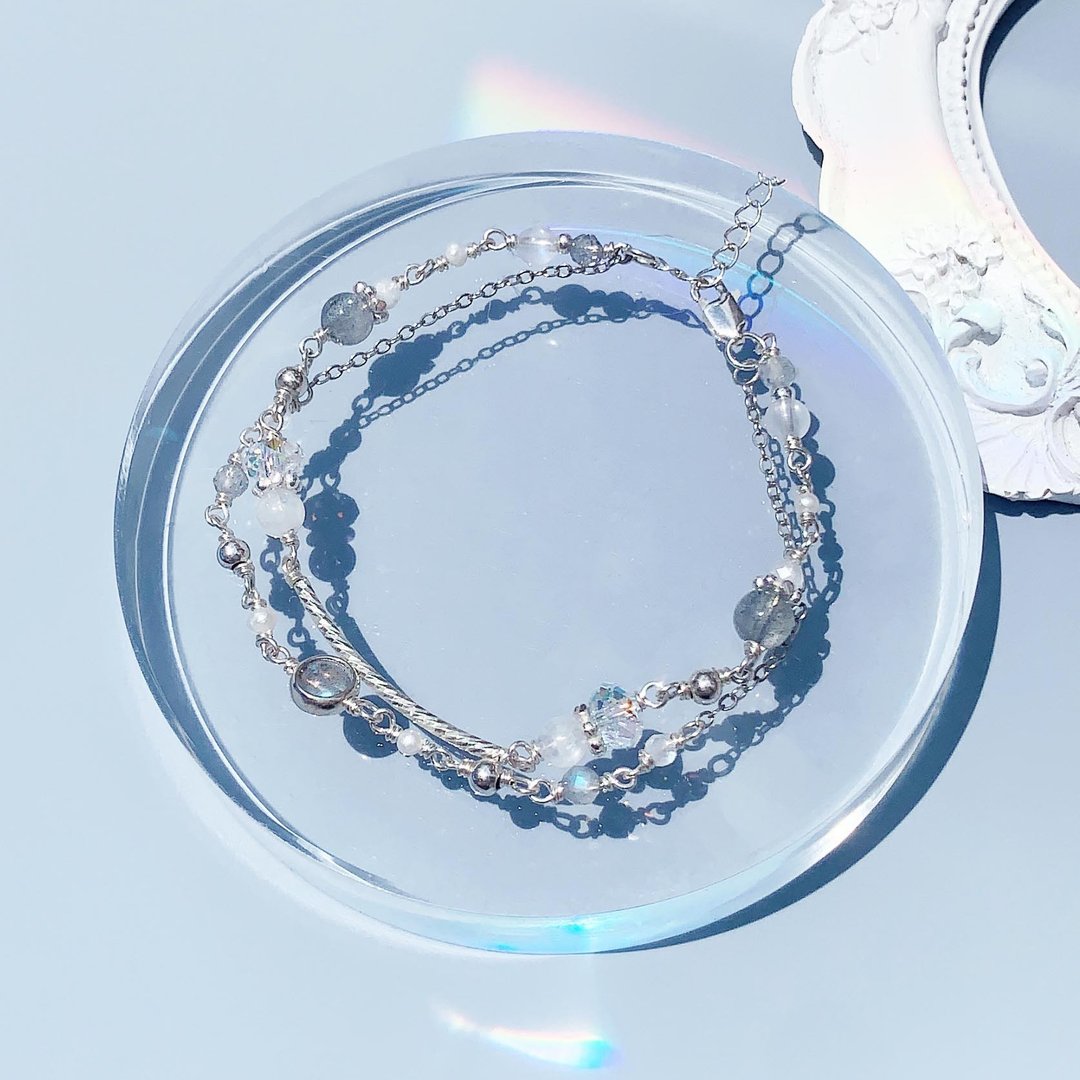 月光石 拉长石 淡水珍珠 925 纯银 手工绕线 天然水晶 双层手链 - 手链/手环 - 水晶 银色