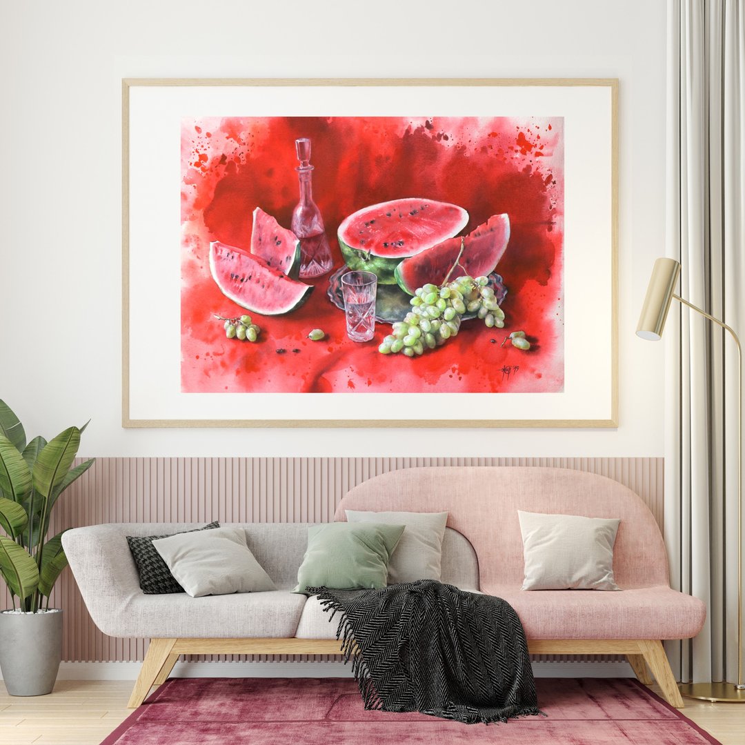 Watermelon original watercolor handmade painting by artist Irina Zhunaeva - 墙贴/壁贴 - 纸 红色