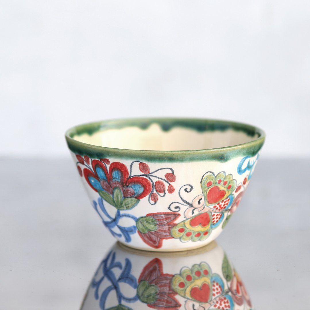 Flower and butterfly rice bowl, large, green edging 2 - 碗 - 陶 绿色