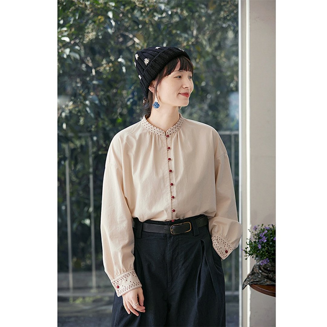 小仙白古典宽松复古绣花衬衫 - 女装衬衫 - 棉 