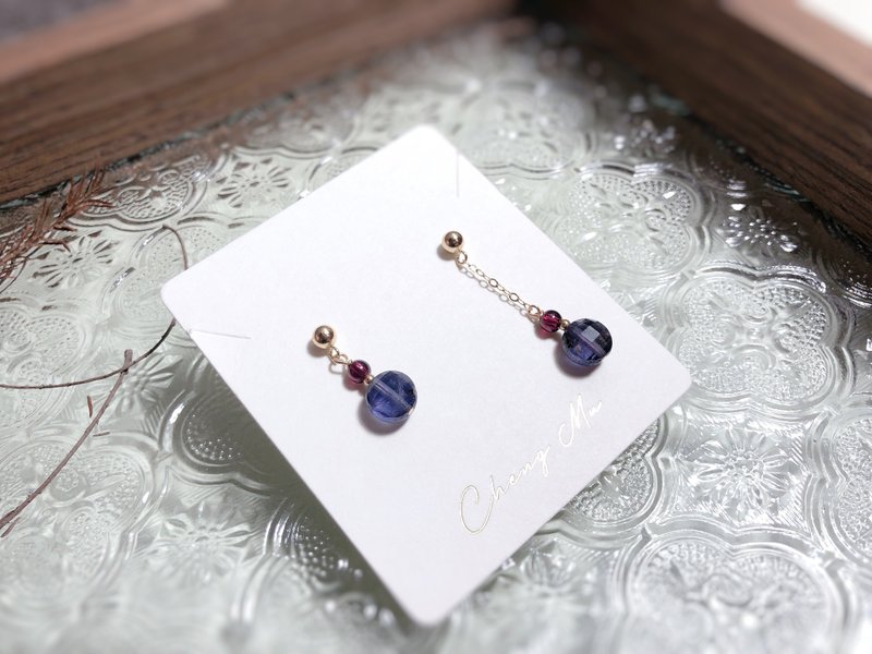 堇青石、石榴石 长短设计14kgf耳针 - 耳环/耳夹 - 水晶 