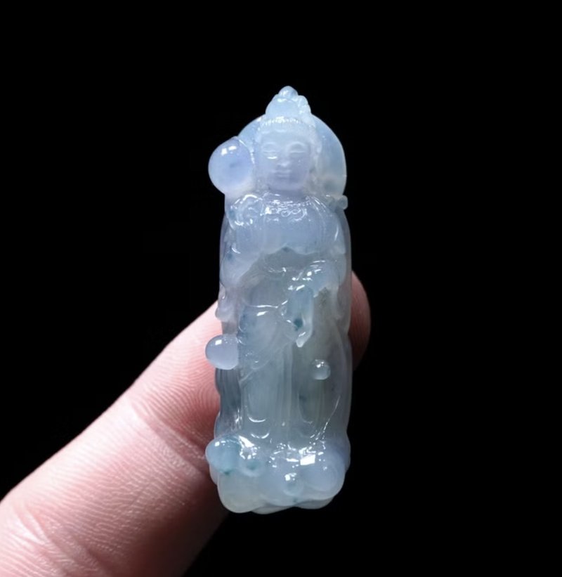冰种紫罗兰飘花翡翠精雕观音菩萨 | 天然缅甸玉翡翠A货 | 送礼 - 项链 - 玉石 多色