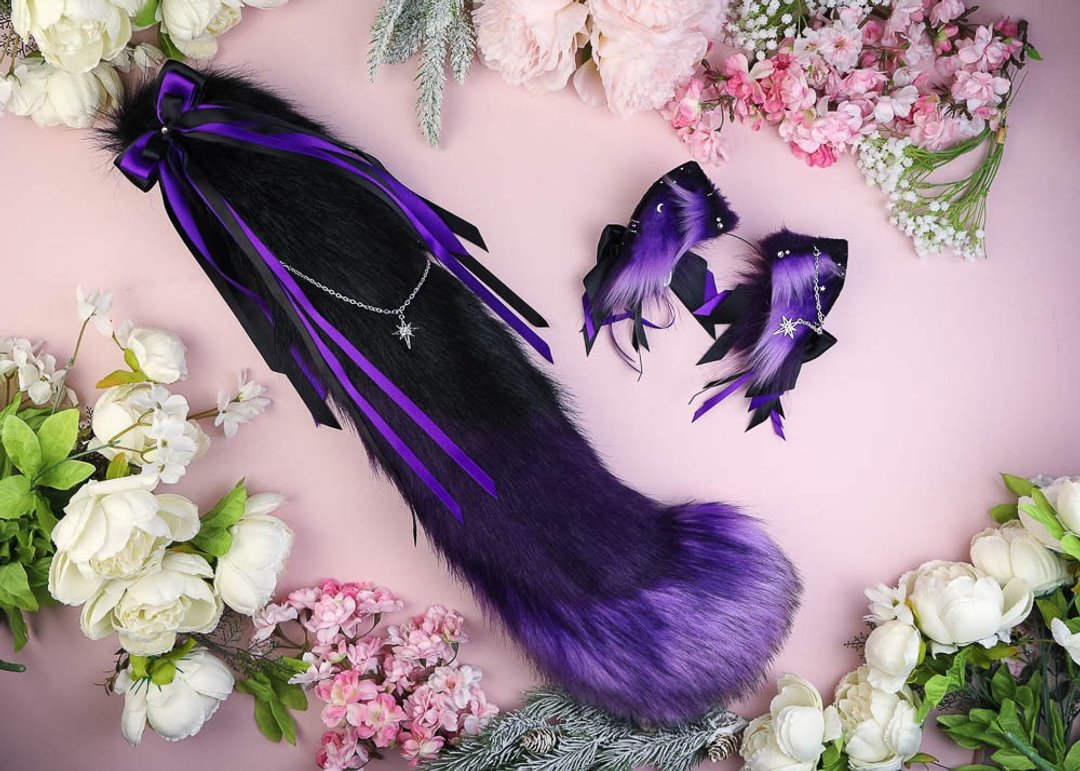 Midnight Cat Ears and Tail Set Faux Fur Ears and Tail Set - 发饰 - 其他人造纤维 紫色