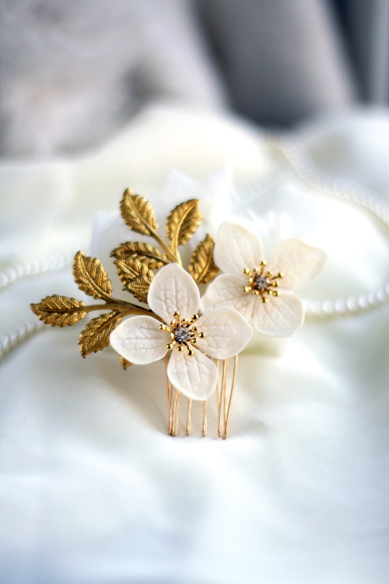 Antique Hydrangea hair comb, Cut Flower hair clip, Handmade hair accessories - 发饰 - 粘土 金色