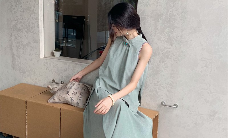 念青 新中式中國風藏裝 改良旗袍不规则禅意茶服 上衣/半裙 - 女装上衣 - 其他材质 绿色