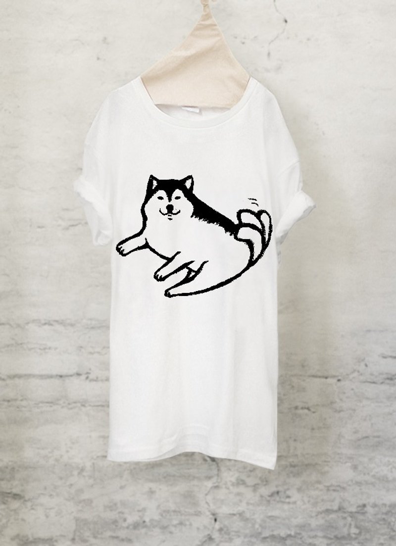 Shiba Inu T-shirt tail pretend Shiba Inu T-shirt (White / Gray) 【DOG】 - 女装 T 恤 - 棉．麻 白色