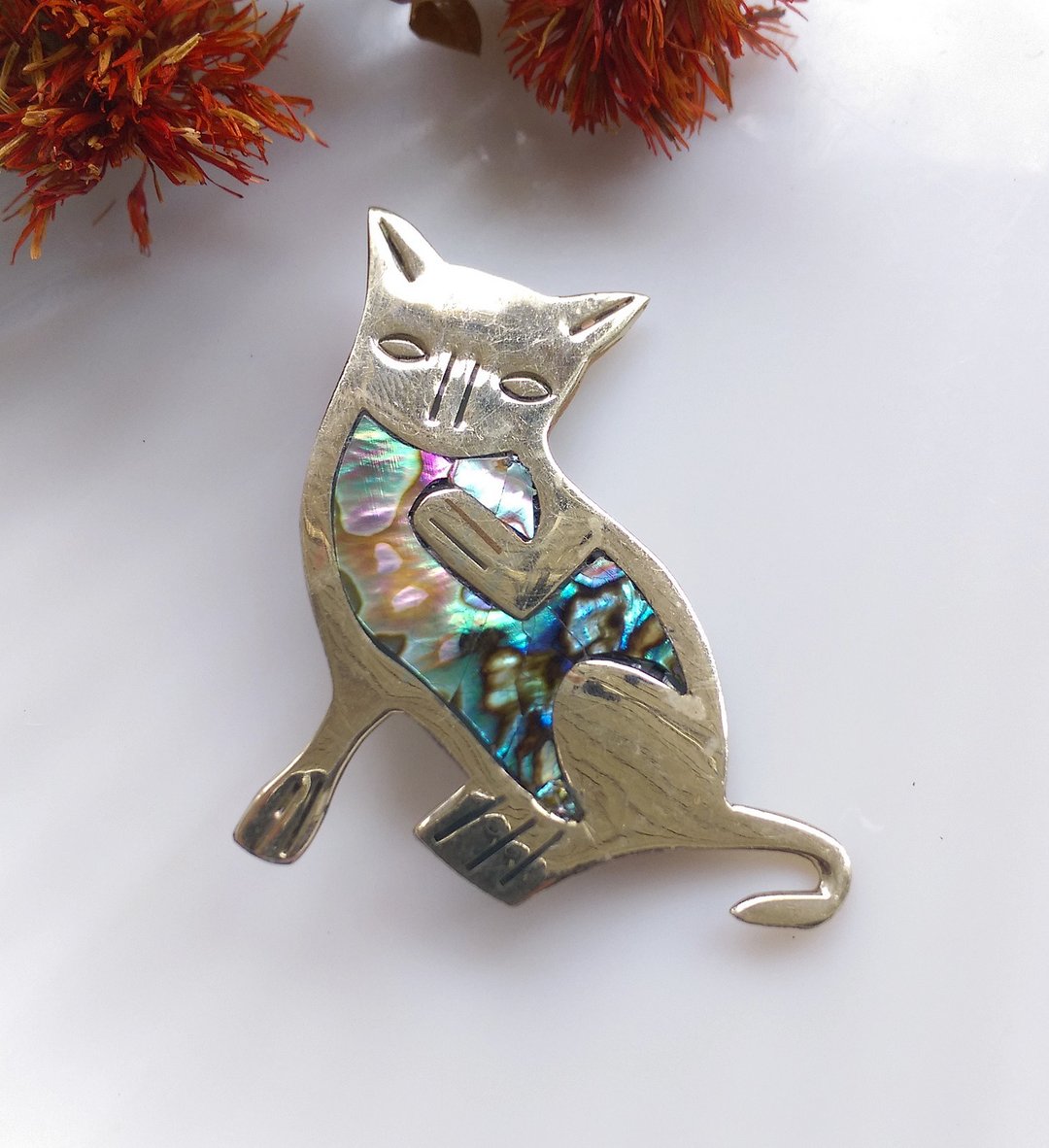西洋古董饰品。墨西哥 羊驼合金 Alpaca 猫咪 别针 - 徽章/别针 - 其他金属 金色