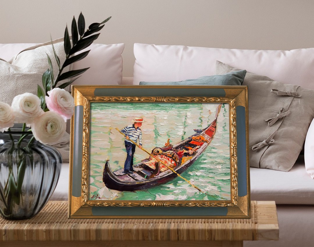 Impressionism Gondolier Italy Venice Original Oil Painting Cityscape Wall Art - 墙贴/壁贴 - 其他材质 蓝色