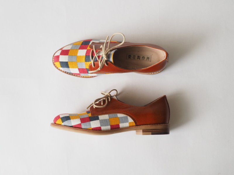 爱花德彼鞋-红棕色牛皮与日本彩色格子布 - 女款休闲鞋 - 真皮 咖啡色