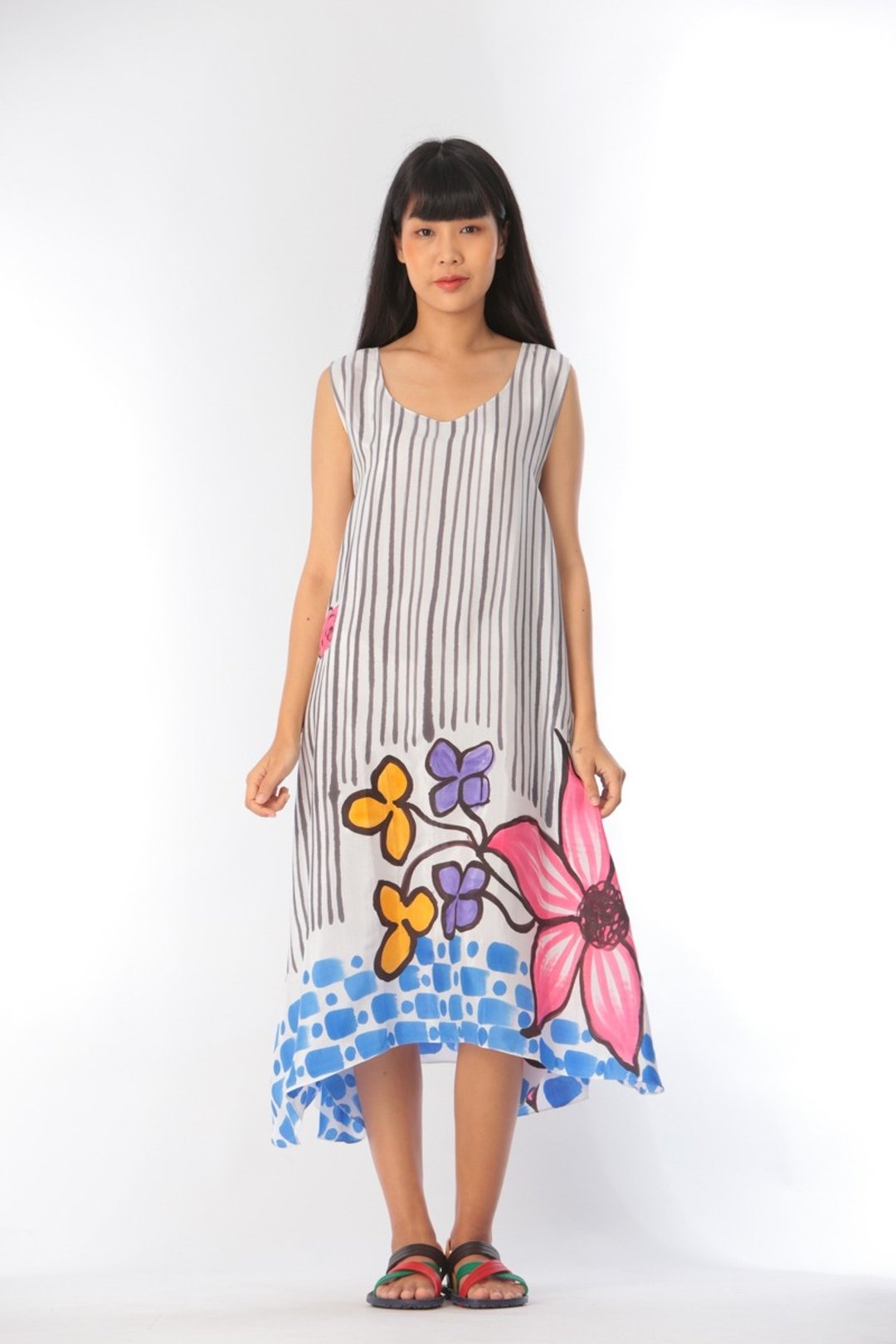 Dress Hand Paint Soft Cotton Silk for Yoga Vacation Holidays - 洋装/连衣裙 - 棉．麻 白色