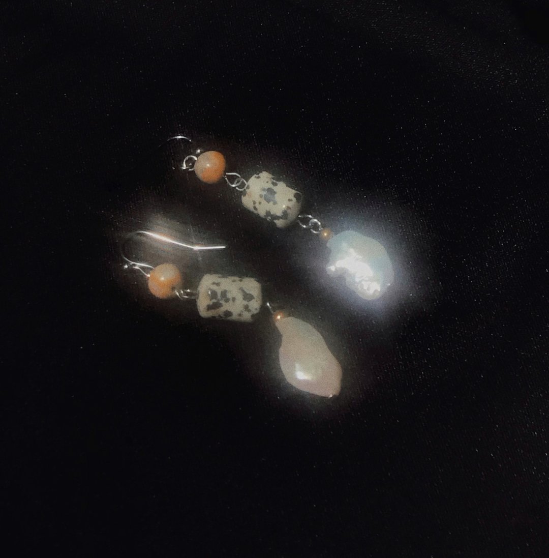 Quail Egg – 风景石斑点石异形珍珠 – 垂坠 耳环 - 耳环/耳夹 - 半宝石 咖啡色