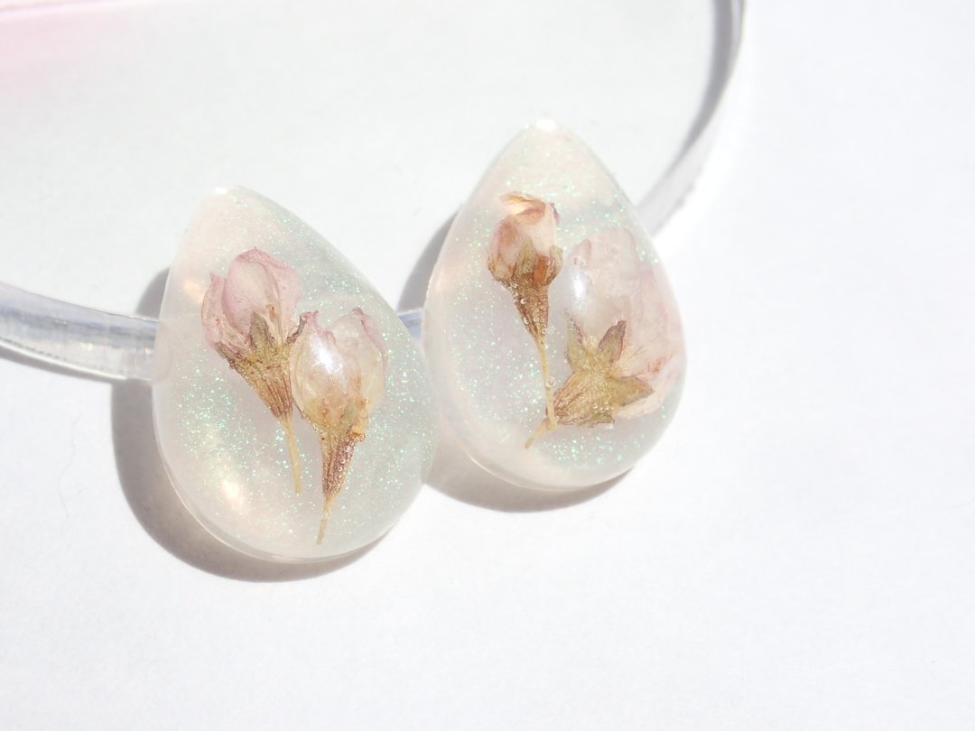 Keio Sakura no Tsubomi Drops Earrings Clip-On - 耳环/耳夹 - 植物．花 粉红色