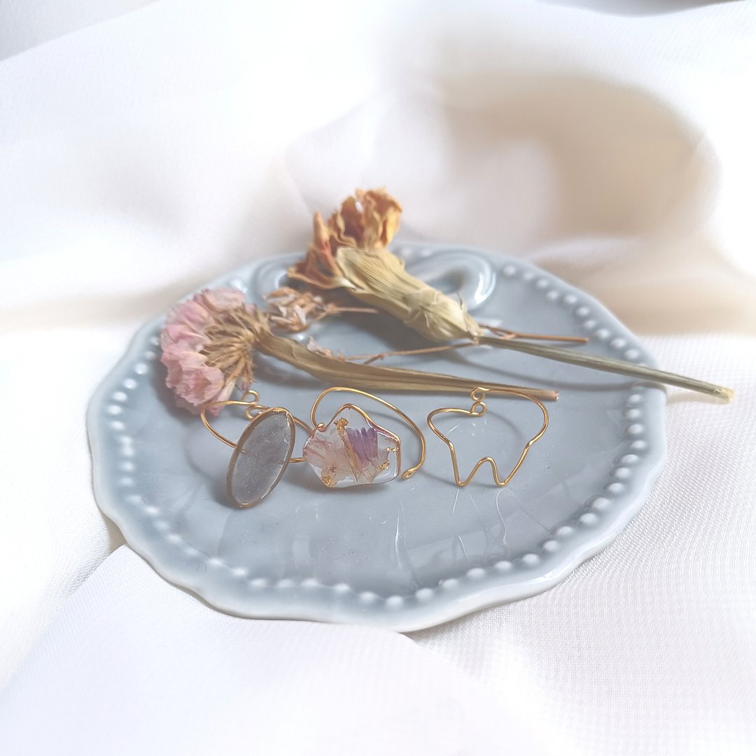 3-piece set Dried flower wire ring set NO.03 (Statice free size) - 戒指 - 树脂 粉红色