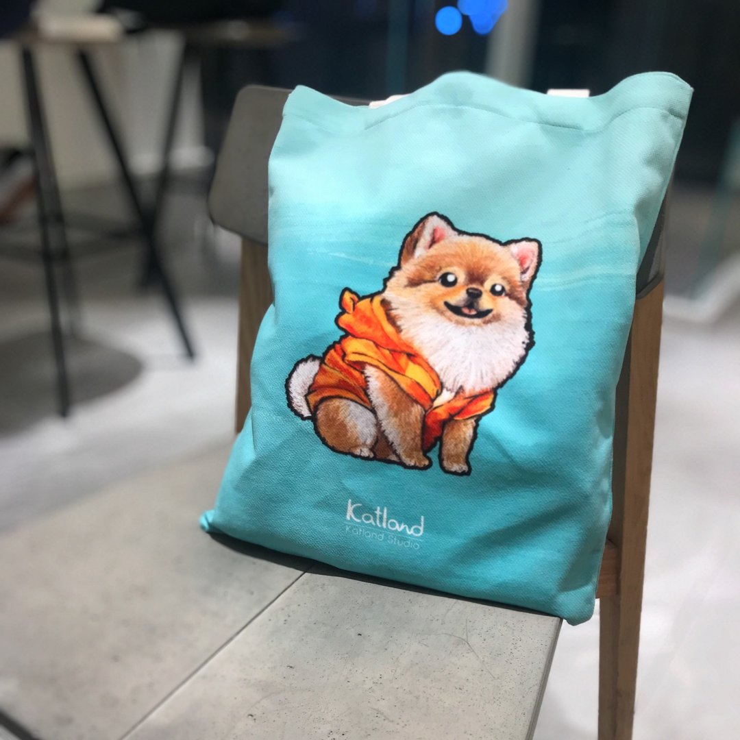 自家设计 博美 松鼠 Pomeranian 帆布袋 D48 - 手提包/手提袋 - 棉 蓝色