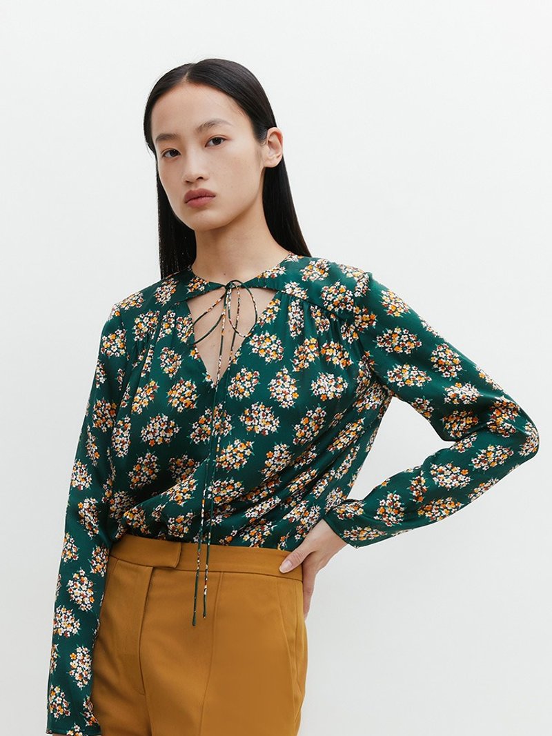 【印花】新中式复古中国风 真丝长袖衬衣 - 女装衬衫 - 其他材质 绿色
