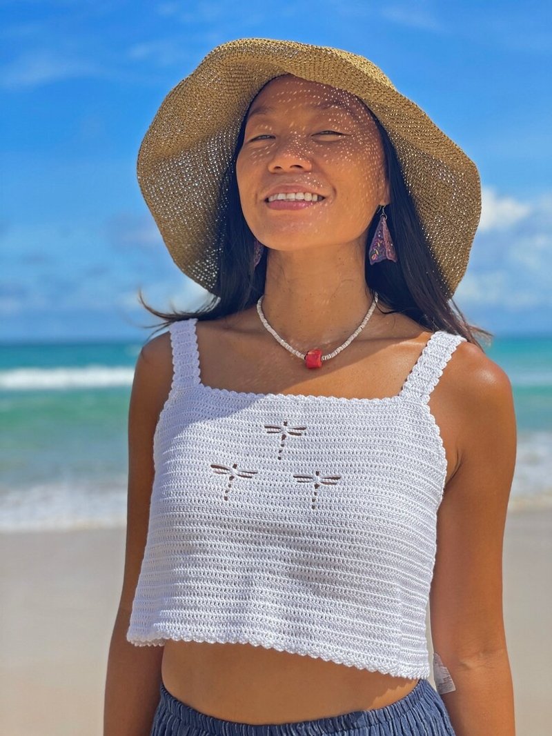 女式钩针编织背心 白色背心 棉质背心 夏季钩针编织背心 挂脖 - 女装上衣 - 其他材质 