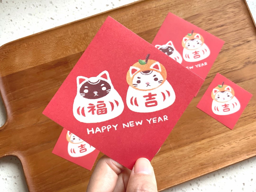 福气小猫 春节斗方贴纸 (一包5张) - 贴纸 - 纸 红色